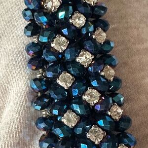 Sapphire Blue Beaded Bracelet with Rhinestone Accents Faux